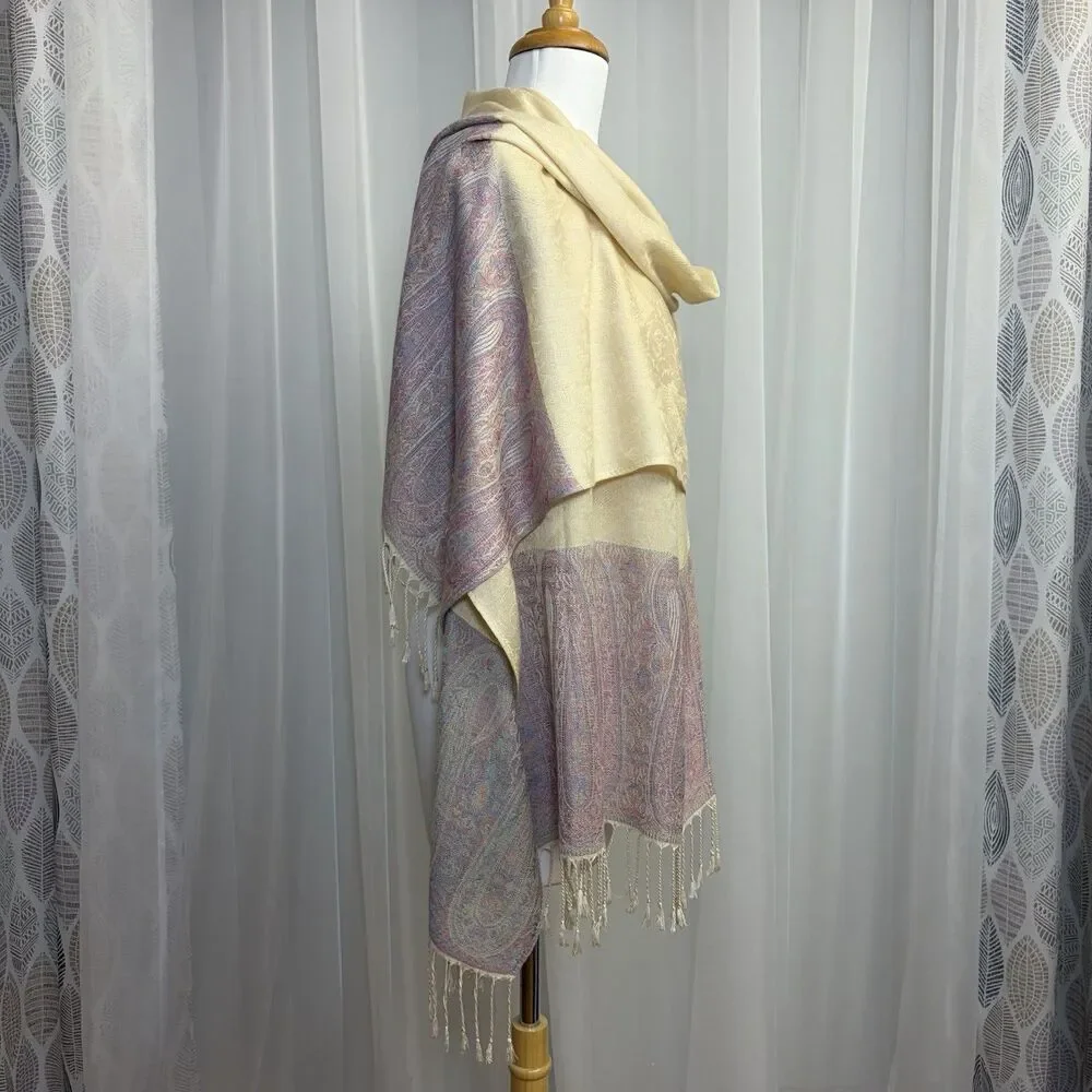 Pashmina 100% Cashmere Scarf Stole Wrap Shawl Paisley Beige Purple 72x28